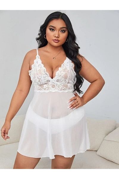 Nathalie Lingerie Women's Lace Detailed Tulle Nightgown B-2049