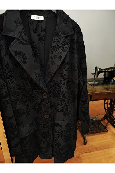 DESEO BOUTIQUE Kadın Çiçek Desenli Siyah Renk Blazer Ceket
