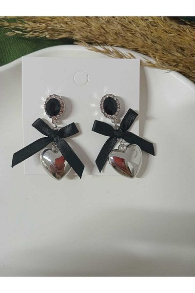mos&more Ribbon Detailed Rhinestone Heart Dangle Silver Women's Earrings