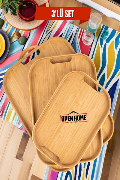 Open Home Concept 3-Piece Bamboo Rectangular Tray, Serving Trays, Nordic Tray Set, Tea Tray