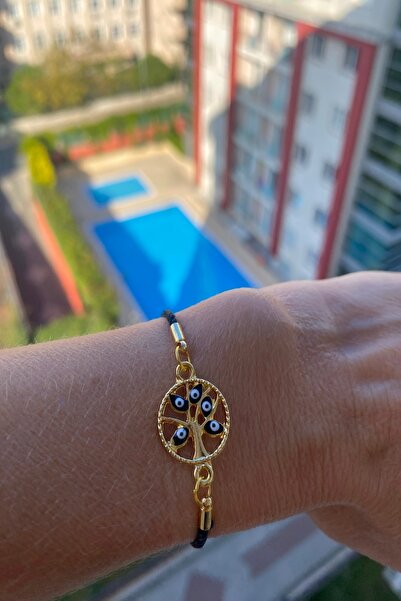 Shepidi Siyah hayat ağacı gold detaylı asansör kilit ip bileklik