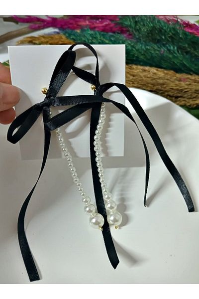 mos&more Long Brand Women's Earrings with Ribbon Pearls