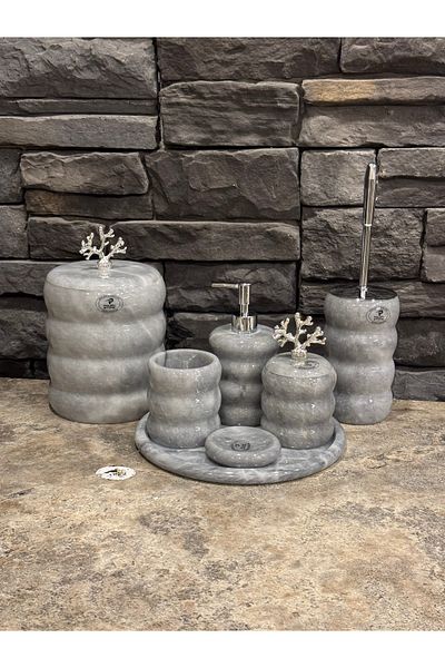 Polen Stone Oval Bamboo Model 7 Piece Bathroom Set with Gray Marble Accessories