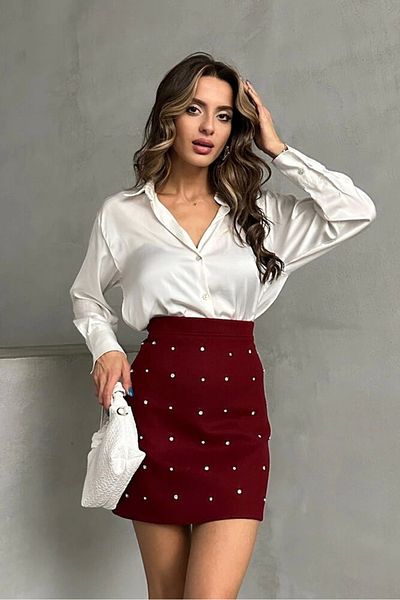 Ecenin Favorileri Fusta mini din piele intoarsa burgundy
