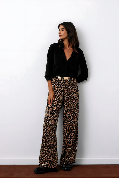 Sateen Beli Lastikli Leopar Desenli Pantolon - Kahve