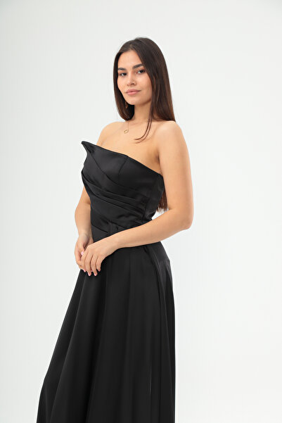 NURANS Kadın Siyah Drapeli Straplez Yırtmaçlı Saten Uzun Abiye & Mezuniyet Elbise Özel Davetler