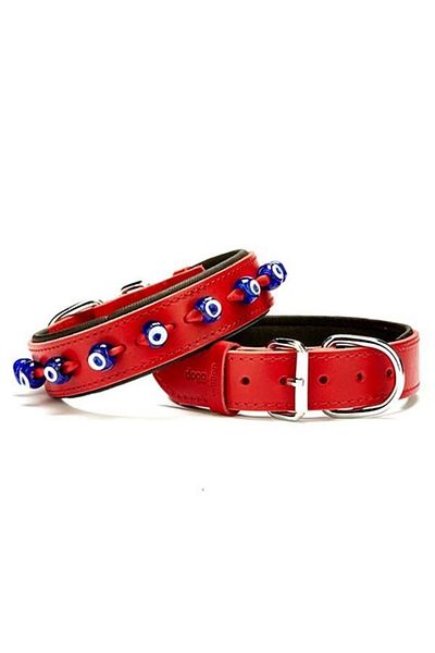Doggie Comfort Leather Evil Eye Beaded Dog Collar Medium Red 3.5X47-55 cm - from Petshop