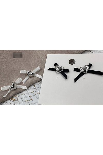mos&more Silver Heart Small Women's Earrings with Black Ribbon