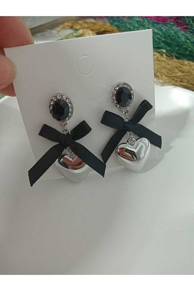 mos&more Ribbon Detailed Rhinestone Heart Dangle Silver Women's Earrings