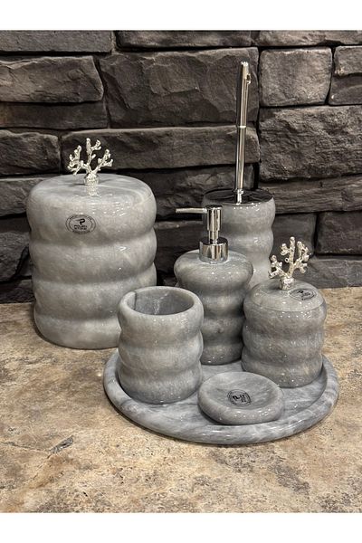 Polen Stone Oval Bamboo Model 7 Piece Bathroom Set with Gray Marble Accessories