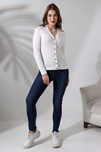 Şiir Corfu Women's Ecru Soft Textured Combed Cotton Classic Buttoned Long Sleeve Knitted Jacquard Basic Cardigan