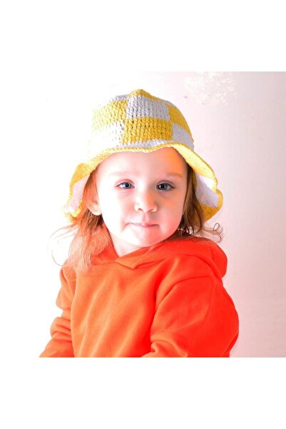 woodycord Χειροποίητο παιδικό καπέλο με κουβά - Κίτρινο και λευκό σχέδιο με καρό