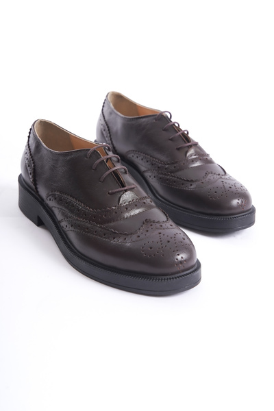 Deassa Hakiki Deri Kahverengi Cilt Oxford Kadın Ayakkabısı