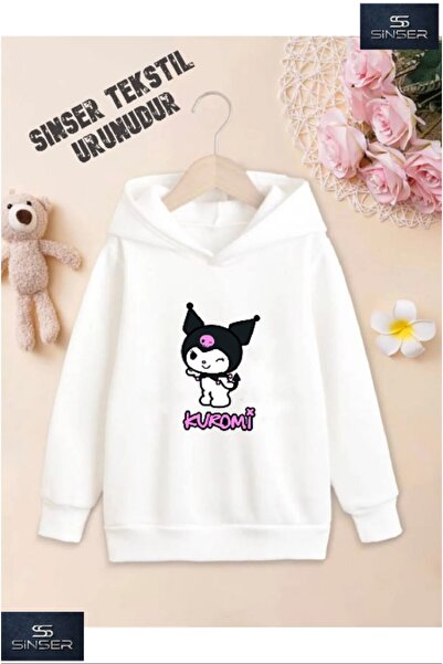 SİNSER TEKS Kız/Erkek Çocuk Beyaz Kapüşonlu ''KUROMI'' Baskılı Sweatshirt
