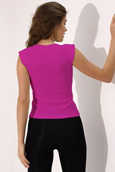 Şiir Shine Bluză și tricou pentru femei, cu croială subțire, cu gât în formă de O, cu mâneci în formă de mână, elastică basic bumbac moale - Fuchsia