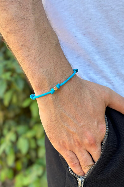 Valore Gold - Altın Küp Aksesuarlı Turkuaz Ip Erkek Bileklik