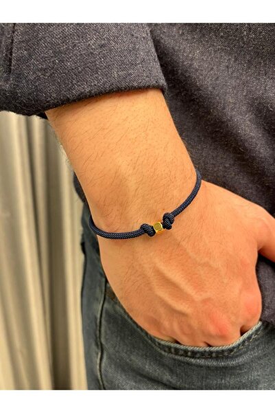 Valore Gold - Altın Küp Aksesuarlı Lacivert Ip Erkek Bileklik