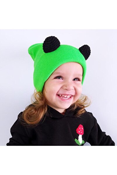 Woody Neon Green Knitwear Hand Knitted Black Ear on Beanie