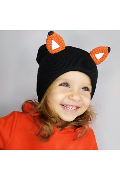 woodycord Hand Knitted Orange Fox Ear on Black Knitwear Beret