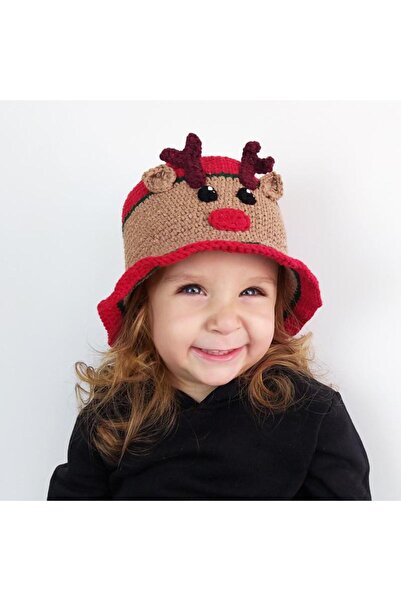 woodycord Hand Knitted Children's Bucket Hat Red Mink - Geyikli