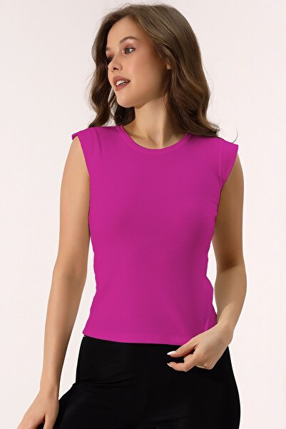 Şiir Shine Bluză și tricou pentru femei, cu croială subțire, cu gât în formă de O, cu mâneci în formă de mână, elastică basic bumbac moale - Fuchsia