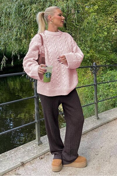 ELBA STİL سترة محبوكة برقبة دائرية باللون الوردي