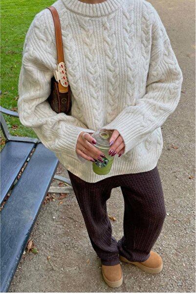 ELBA STİL Ecru Crew Neck Knitted Knitwear Sweater