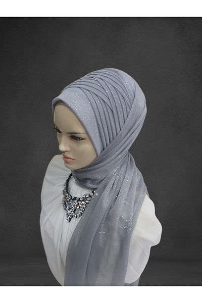 NurAy Silvery Light Gray Ready Turban Ready Wrap Evening Dress Wrap