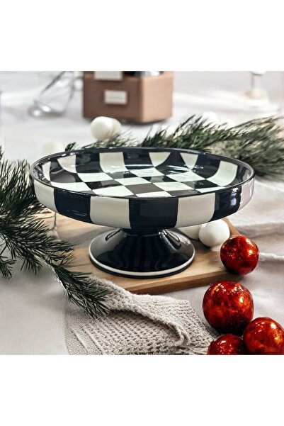 AYGEN HANDMADE ÇİNİ SERVİS TABAĞI DİK KENAR AYAKLI SUNUMLUK DEKORATİF DAMALI DESEN