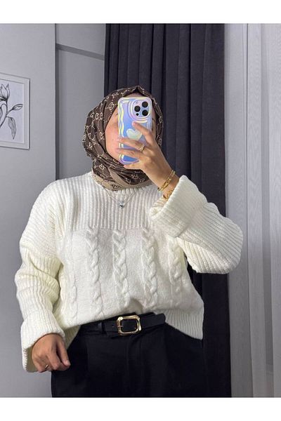 RFK Butik Pulover de damă tricotat crem împletit spiralat