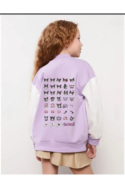 Uğur bebe Lilac Colored 3 Thread Belted 100% Cotton Cardigan for Girl-Kuromi Detailed