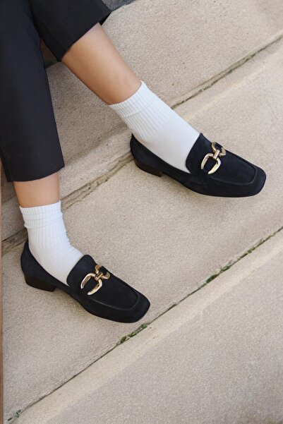 ERS Air Comfort Kadın Lacivert Hakiki Süet Deri Gold Tokalı Loafer Günlük Ayakkabı