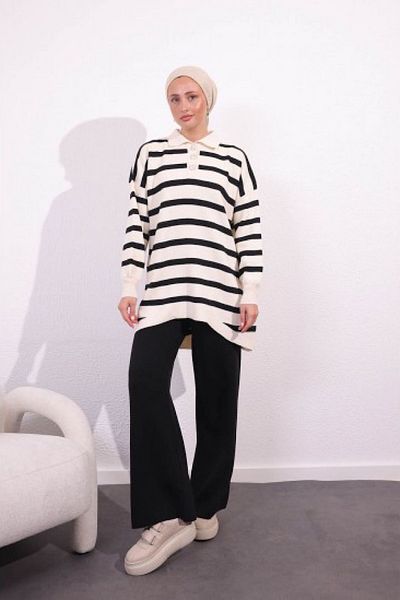 HİFADEN Women's Shirt Collar Buttoned Striped Knitwear Set