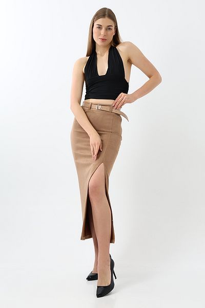 Zula Moda 92 см велурена макси пола - велурена пола с цепка отпред