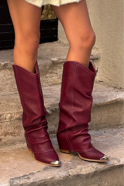 NİŞANTAŞI SHOES Cizme occidentale cu toc pentru femei Velva Burgundy, piele mată, vârf de fier