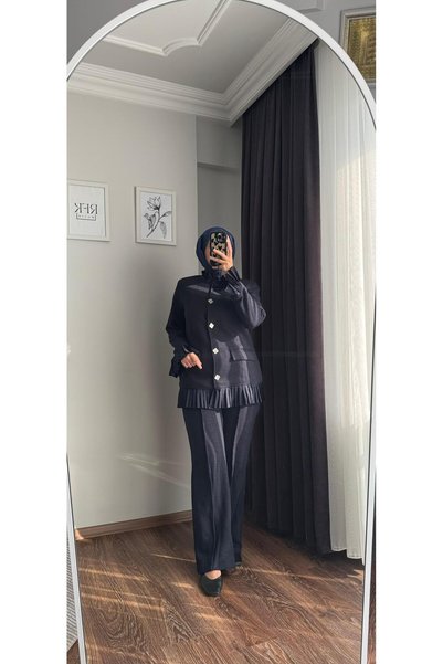 RFK Butik Women's Pleated Detailed Design Knitted Jacket and Trousers Two-Piece Set Navy Blue