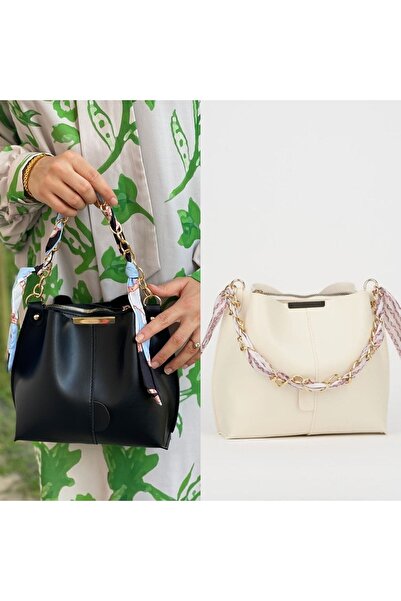 MY VİNTAGE Women's 2-Pack Soft Leather 3-Compartment Handbag and Shoulder Bag with Scarf and Chain Accessories