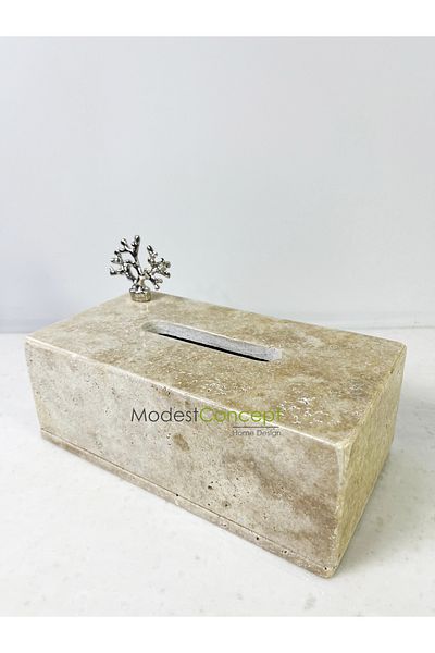 Modestmar Natural Travertine Marble - Napkin Holder, Wipes and Napkin Boxes - Silver Coral