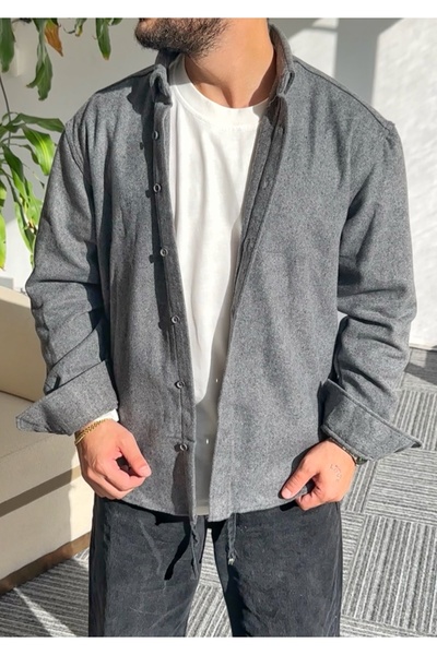 Hazhers Erkek Oversize Gömlek Yaka Kaşe Kumaş Uzun Kollu Kışlık Gömlek