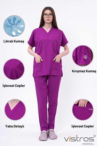 Vistros Medikal Unisex Fuşya Doktor Hemşire Forması Medikal Forma Cerrahi Tak...