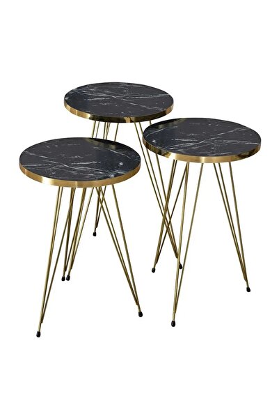 HNC HOME Siyah Üçlü Zigon Sehpa, Beyaz Zigon Sehpa Gold Metal Ayaklı Zigon Se...