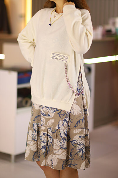 Samsara Kadın Krem Midi Boy Çiçek Desen Zincir Detaylı Triko Kazaklı Kolsuz Kloş Büyük Beden Elbise