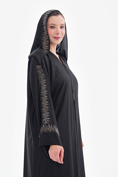 GigiTex عباية بغطاء للرأس من الحجر الأسود - ترصيع مخفي، قماش لامع، قياسي 38-44