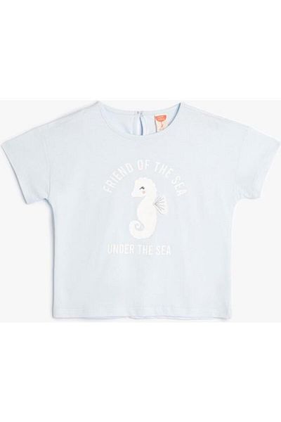 Koton Tricou cu mânecă scurtă cu decolteu rotund din bumbac imprimat cu căluți de mare