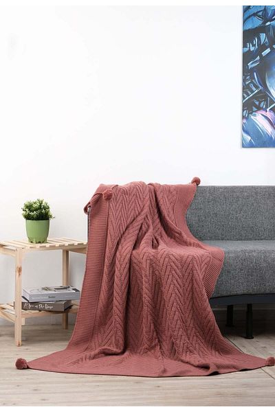 YGT Home Leyla 4 Pompom Dried Rose Knitwear Tv Blanket - 130X170 Sofa Cover Leg Shawl