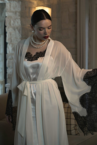 Mita Concept Ekru Chiffon Lace Detailed Kimono