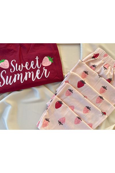 belse butik Strawberry Print Lycra Crew Neck Pajamas Set - Sude