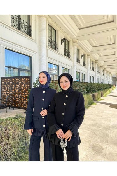 RFK Butik Women's Pleated Detailed Design Knitted Jacket and Trousers Two-Piece Set Navy Blue