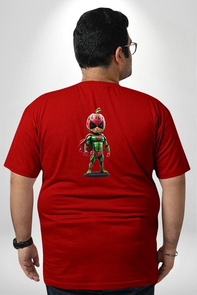 Angemiel تي شيرت أحمر كبير الحجم - Super Watermelon Man، مطبوع على الظهر للجنسين