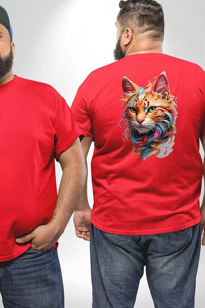 Angemiel تي شيرت مقاس كبير من Red Animal Cat Art Potre - ظهر مطبوع للجنسين